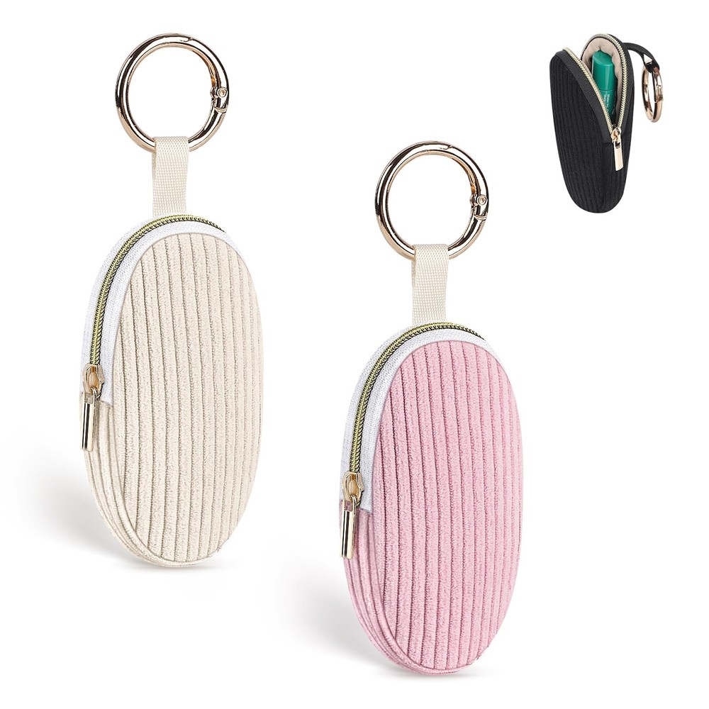 Playexen 2 PCS Chapstick Holder Keychain Bag, Corduroy Travel Lip Beige+Pink