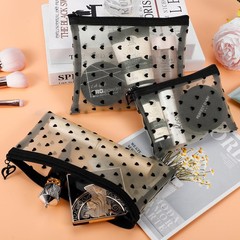 Fassave 6 Pack Mini Zipper Mesh Makeup Bags, Heart Print Nylon XS, Beige