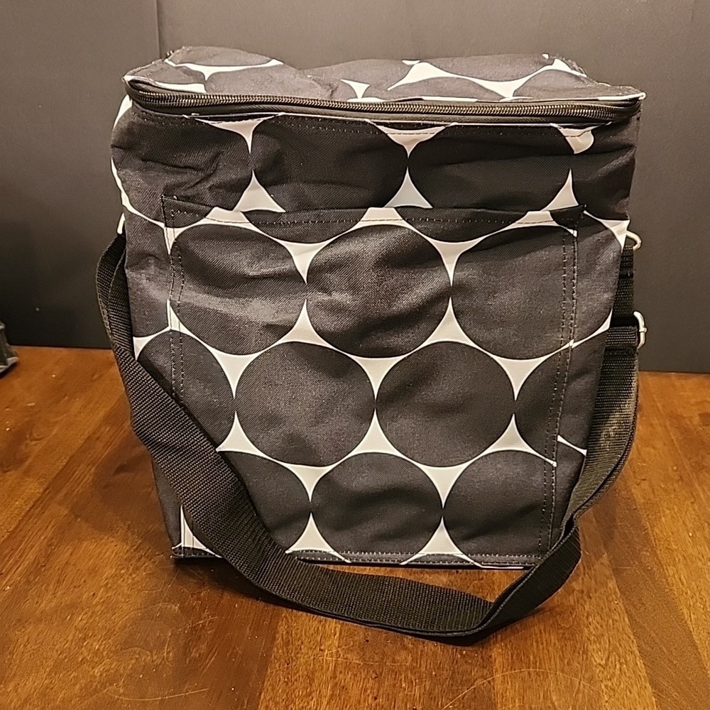 Thirty One 31 Insulated Cooler Shoulder Strap Tote Bag Black White Polka Dot