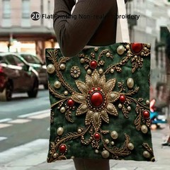 1pc Elegant Beaded Floral Shoulder Bag, 14x16in – Reusable Polyester Tote