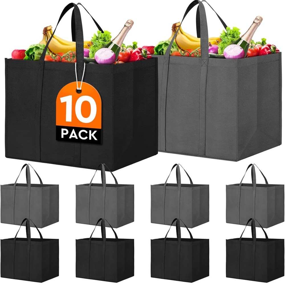 WISELIFE Reusable Grocery Shopping Bags 10 Pack Large Foldable Tote Bags Bulk, E
