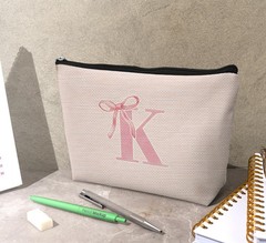 Dejfel Initial Coquette Pink Bow Makeup Bag,initial K Personalized Teen pinkK
