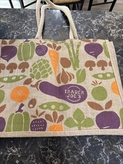 Trader Joe’s Jute Burlap Expand Tote Bag Vegetables Eggplant 17”x13”x8”