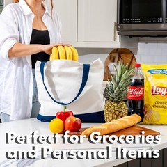 8 Pack |Not Made In China| Reusable Grocery Bag, Canvas Tote, White W/Navy Trim