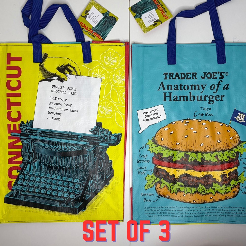 3x Trader Joe’s Connecticut‎‎ State Hamburger Pickles Reusable Grocery Tote Bag