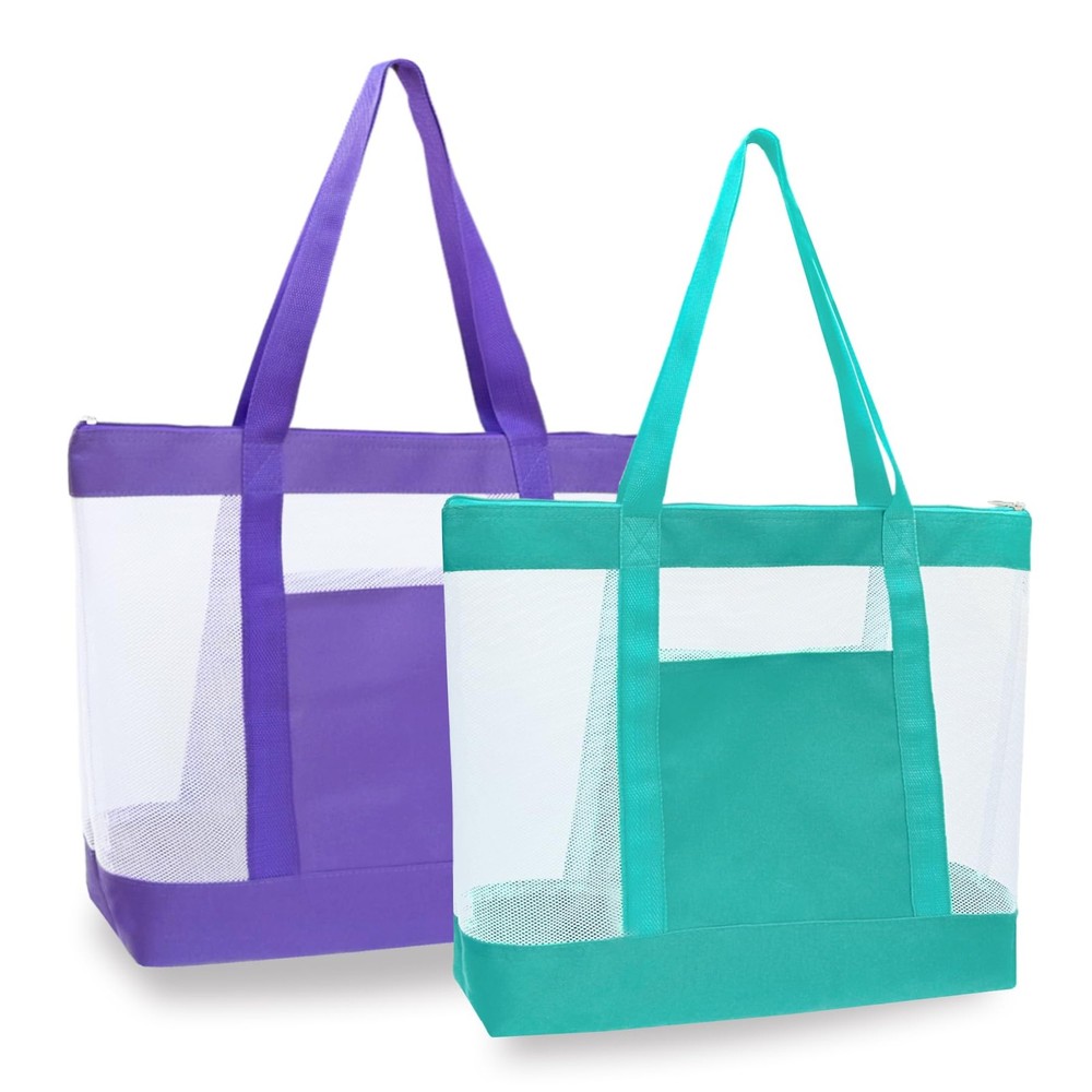 2Pack Lightweight Mesh Tote Bag Sandproof Beach Zipper Double Pocket Travel