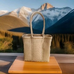 Mexican Tote Bag Resistant Plastic Handwoven By Oaxaca Artisans Beige Color