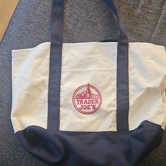 Trader Joe’s Large Polyester Tote Bag Beige/Blue Logo with Front Pocket