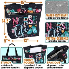 Large Waterproof Tote Bag With Pockets And Zipper For Work. Gift For Nurse. Shou