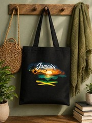 Eco-Friendly Canvas Tote Bag Black Multicolor All-Over Pattern Foldable 15x13in