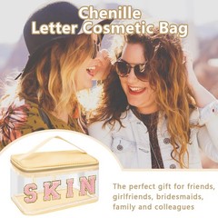 Iqimott Preppy Clear Makeup Bag Skin Pouch, Chenille Letter Skin-Beige