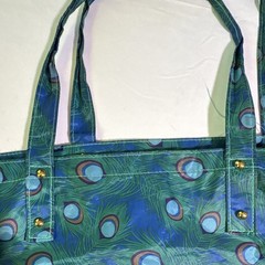 Joy Mangano Foldable Nylon Tote Bag Peacock Feather Print Blue Green Zipper