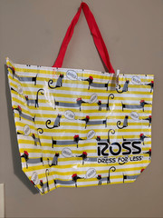 Ross Reusable Shopping Bag Yellow White Stripe Dachshund Cat French Bonjour NWT