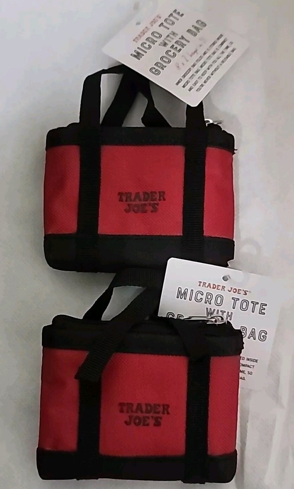 (2)Trader Joe’s Red W/ Black Micro Totes With Grocery Bag 2 In 1 Mini