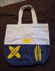 Blue White Yellow Reusable Shopping Bag Medium Surf Sun Surfboard Graphic