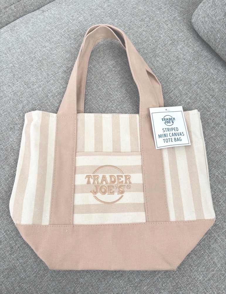 **Authentic** Trader Joe’s Mini Canvas Tote Bag Striped BEIGE 13 x 6 x 11 in