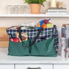 Multi-purpose grocery tote bag with waterproof vinyl lining and plaid pattern