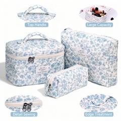 PGAXM 3PCS Makeup Bag,Quilted Cosmetic Bag,Large 10x6x6 inches, Pink Flower