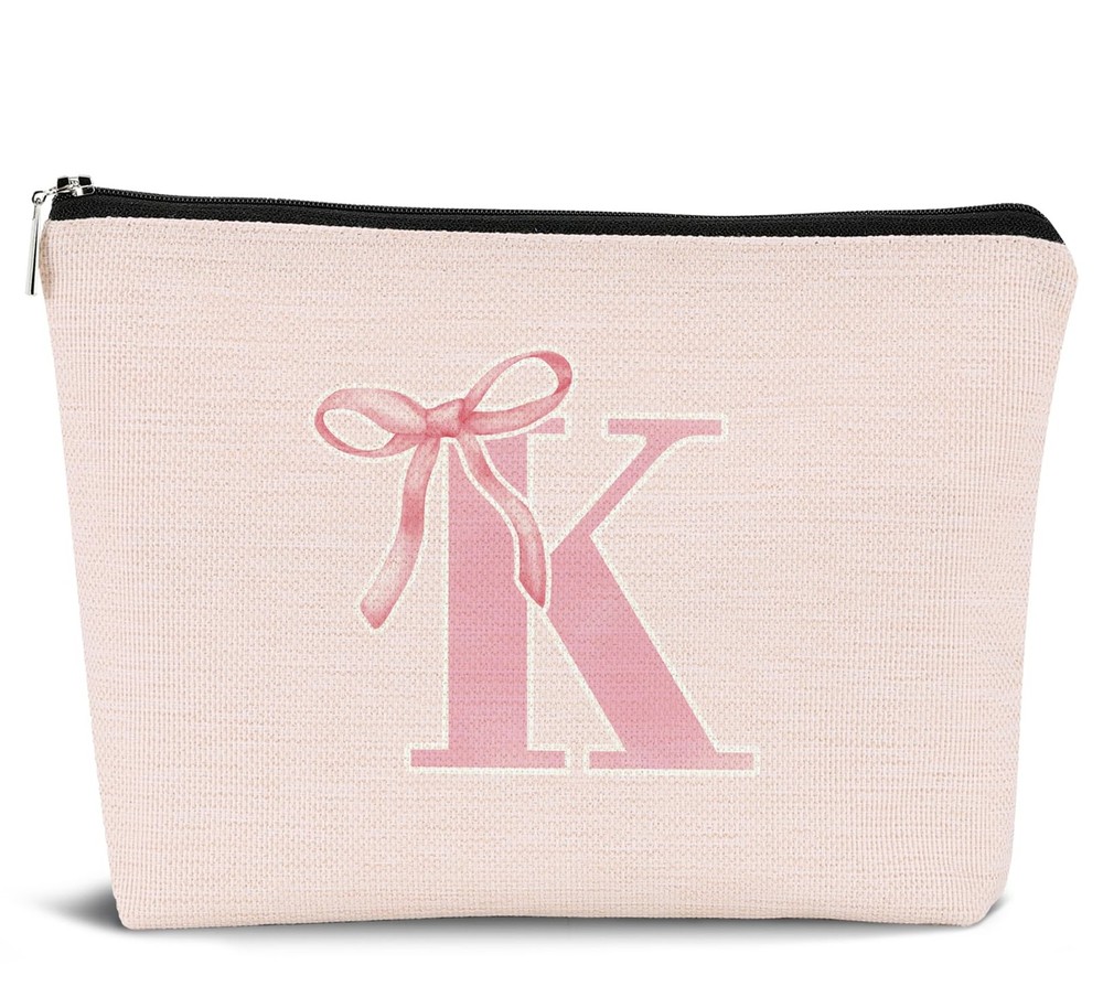 Dejfel Initial Coquette Pink Bow Makeup Bag,initial K Personalized Teen pinkK