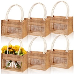 6PCS Burlap Tote Bags Transparent PVC Window Reusable DIY Jute Handle Large