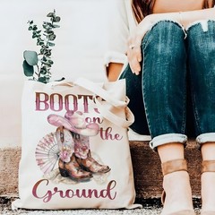 Pink Cowboy Boots Tote Bag, Western Fashion Canvas Bag with Boots on the Grou…