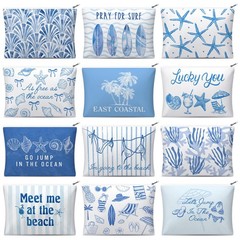 Reginary 12 Pcs Coastal Makeup Bags Beach Aesthetic Cosmetic blue, white