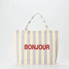 Striped Multicolor Reusable Tote Bag w/ Handles “BONJOUR” 14x16x7 in