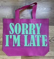 Pink Foldable Non-woven Reusable Shopping Bag with Sorry I’m Late Text Pattern