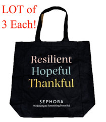 3 SEPHORA Black Tote Bag Resilient Hopeful Thankful Reusable Shopping Canvas NEW
