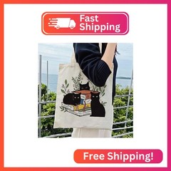 Dlzdn Black Cat Canvas Tote Bag For Women Aesthetic Cute Cat Floral Book Tote Ba