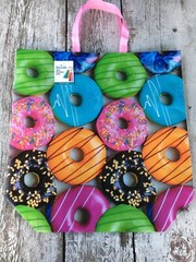 LARGE MAX ADAMS DONUTS 🍩 Vinyl Reusable Shopping Tote Bag COLORFUL 12×13