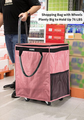 (Medium,Pink) Reusable Grocery Bag on Wheels, 70L Foldable Rolling Tote,Extra St