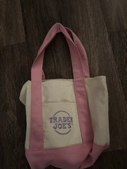 Trader Joe’s Small Pink Beige Canvas Color Block Tote Foldable 6x6x6 in New