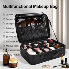 Travel Makeup Bag with Brush Holder, Professional Medium, Black Leather