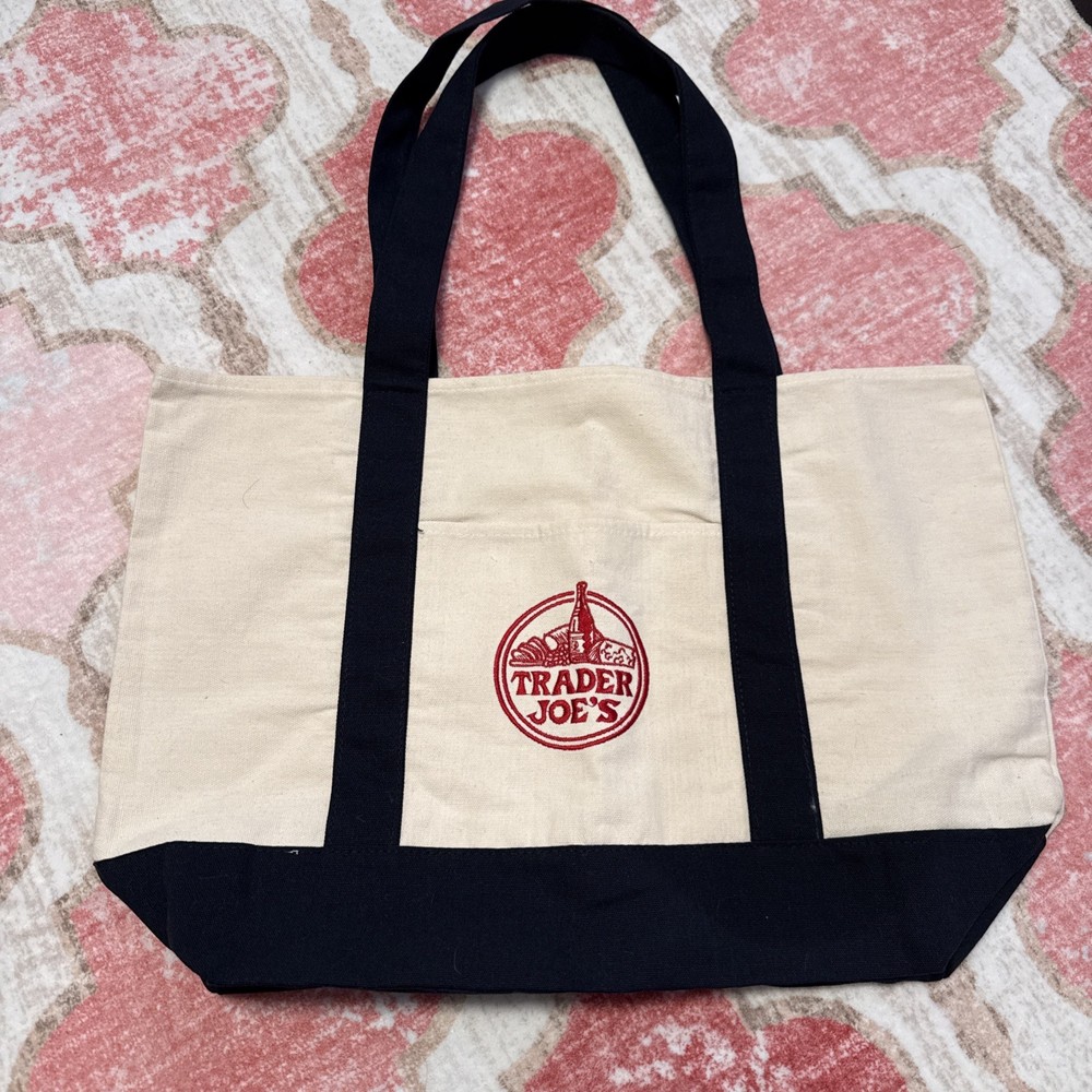 Trader Joe’s Foldable Canvas Tote Bag Beige Blue Solid Reusable