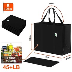 6 Pack Black Reusable Grocery Bags Extra Large Foldable 50+ Lbs Totes Set