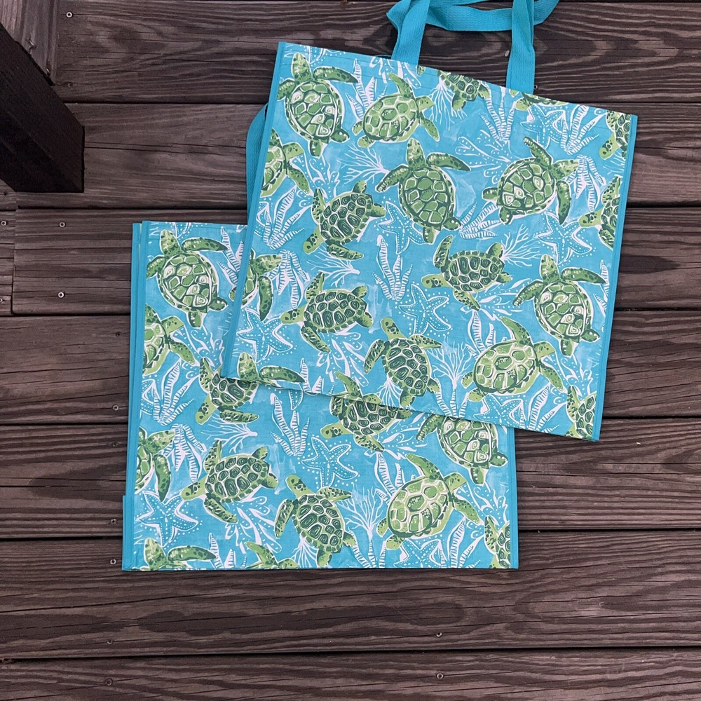 LOT of 2 Pk 🐢TJMaxx Sea Turtles BLUE SEA Beach Shopping Bags Reusable Tote