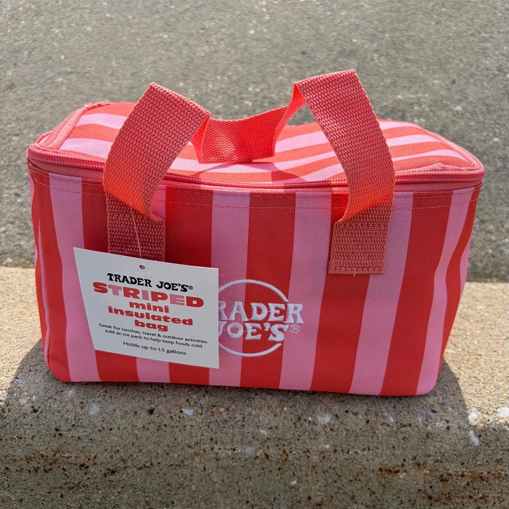 Trader Joe’s Mini Insulated Cooler Bag Shopping Tote Summer — STRIPED PINK + RED