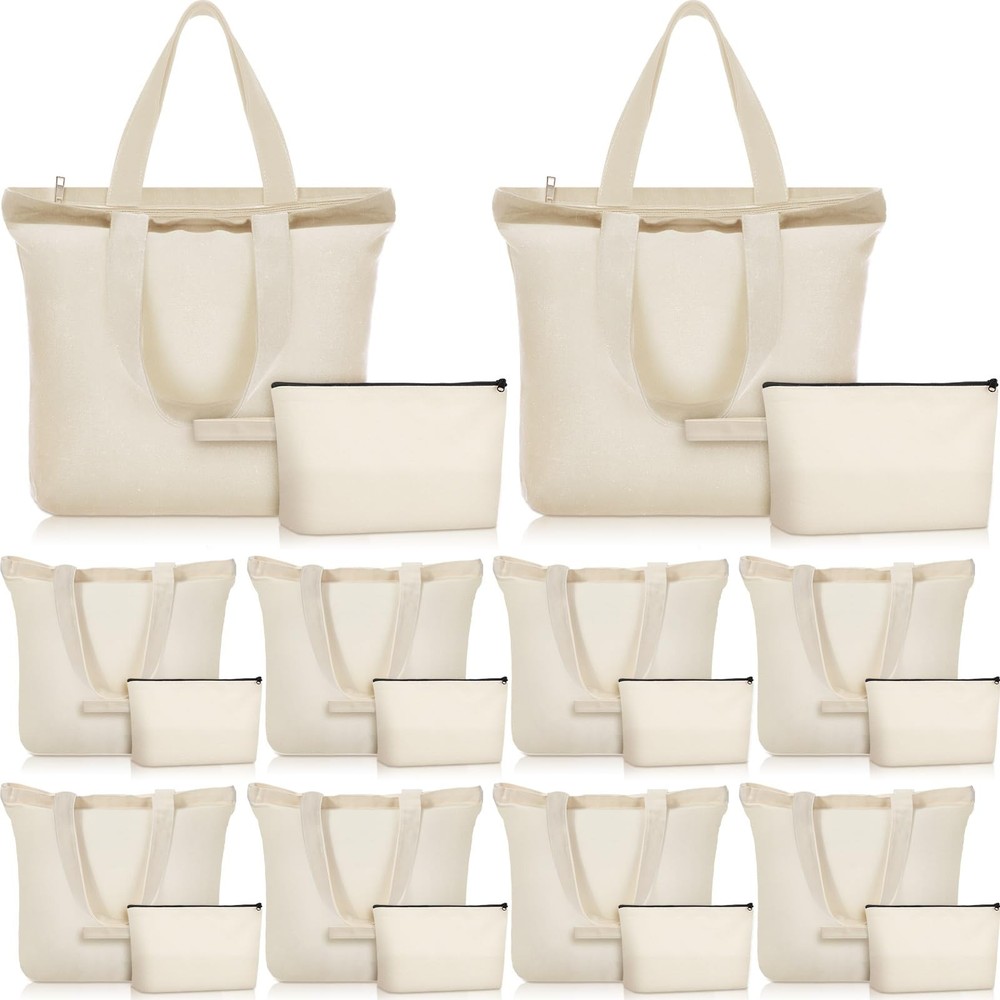 20 Pcs Tote Bag with Zipper, Cotton Canvas Makeup Bag Kitchen Reusable Grocer…