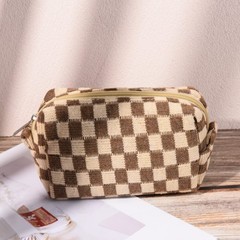 SOIDRAM 2 Pieces Makeup Bag Large Checkered Cosmetic Capacity Brown