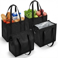 Black 4 PCS Leakproof Insulated Grocery Bags Thermal Tote 11.8x13x7.1 Inch