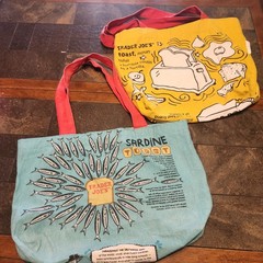Trader Joes Sardines Canvas Tote Bag Teal Red Grocery Bag Made in USA Novelty