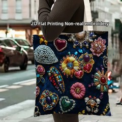 1pc Elegant Beaded Floral Shoulder Bag, 14x16in – Reusable Polyester Tote
