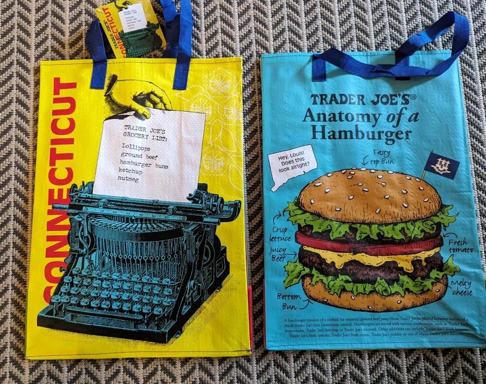 Trader Joe’s Connecticut Tote Bag Eco Reusable Shopper USA Typewriter Hamburger