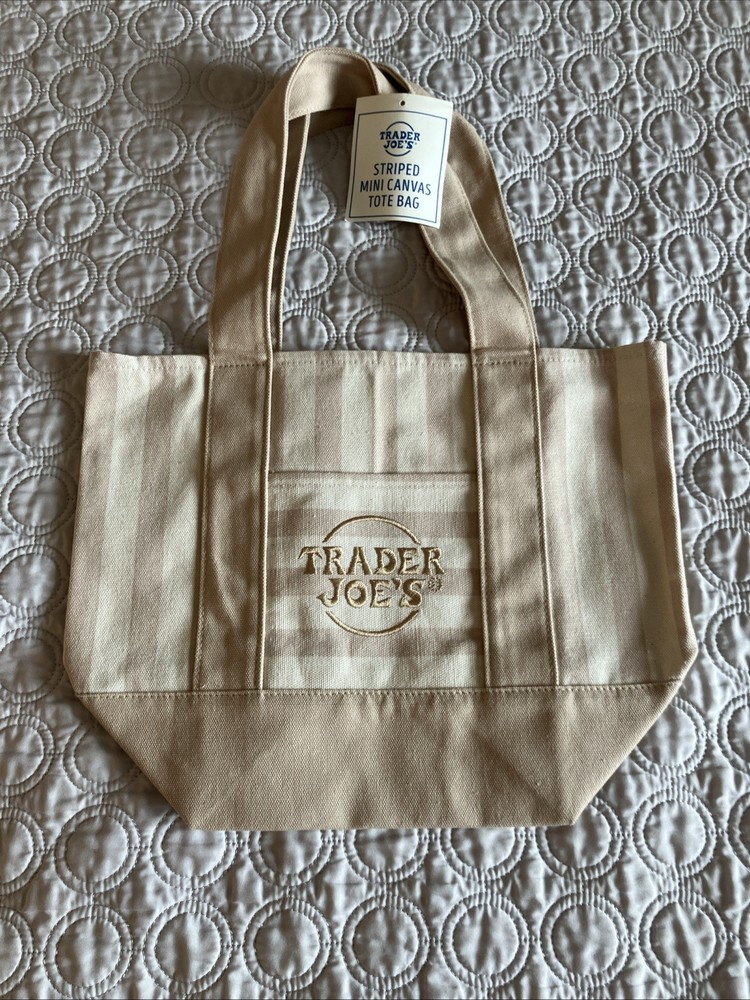 TRADER JOE’ Mini Pastel Stripe Canvas Tote Bag Limited Edition Beige SHIPS TODAY