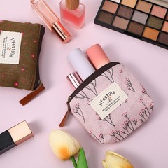 LIQWEI 4Pcs Mini Makeup Bag, Linen Floral Small Pink + Blue + White + Brown