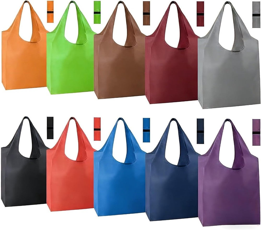 Reusable Grocery Bags Foldable Shopping Tote 10 Pack 10 Colors Packable W/