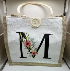Foldable Floral Monogram M Tote Bag Canvas Jute White Beige Reusable Shopping