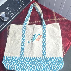 Large Beige and Blue Canvas Foldable Reusable Shopping Bag Geometric Pattern