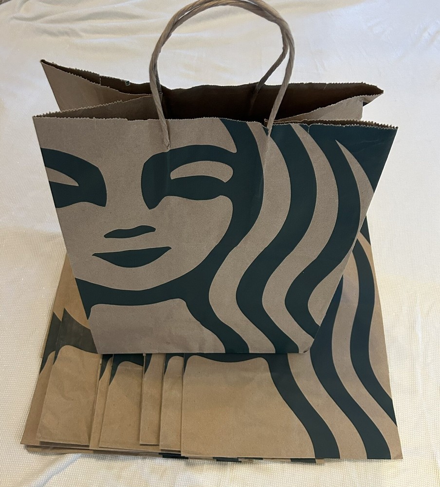 10 Large Starbucks Recycled Brown Paper Tote Shopping Lunch Gift Bags w/Handles